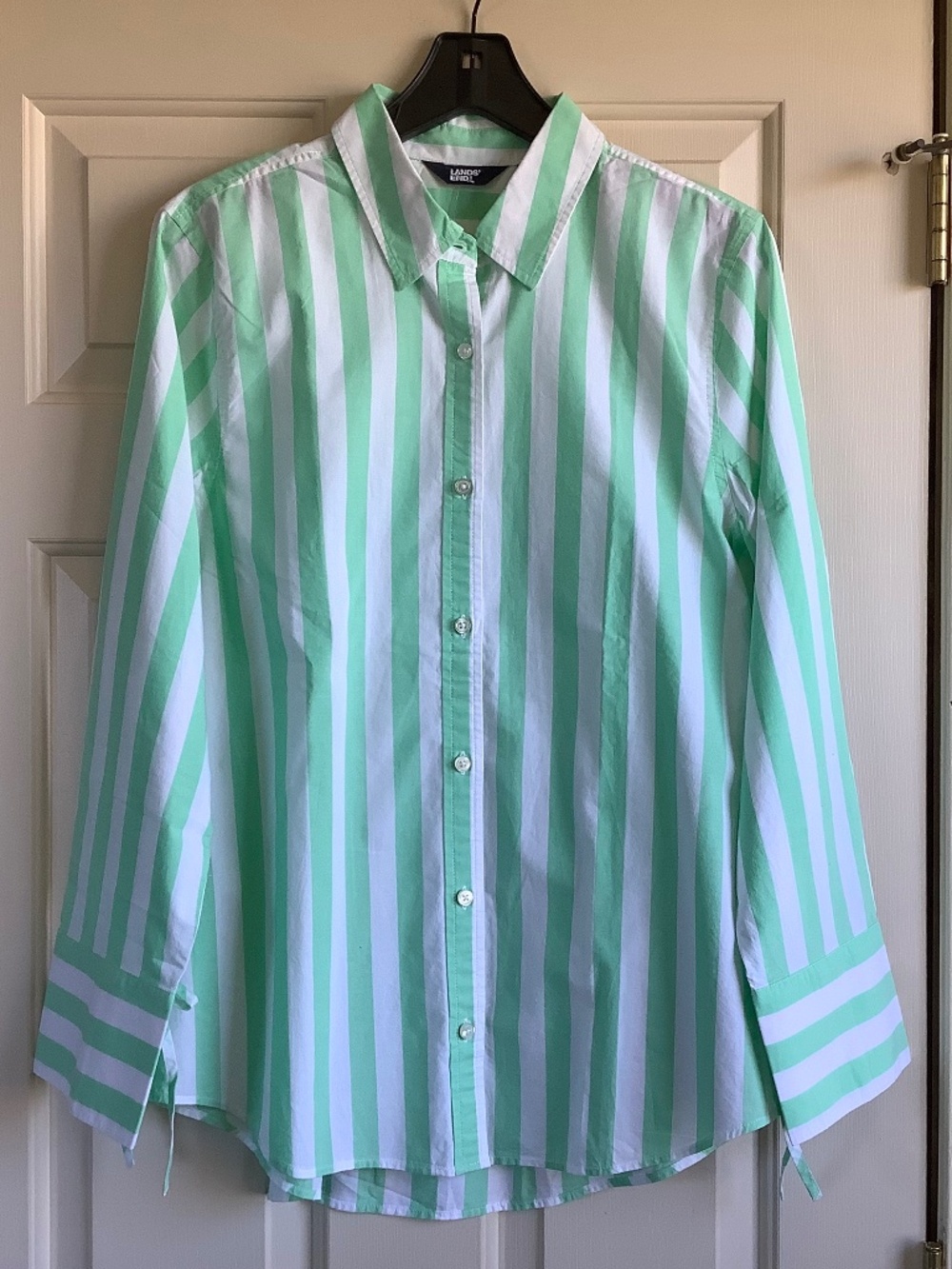 Lands' End Button Down Stripped Poplin Tie Sleeve Shirt Wintergreen White SZ L